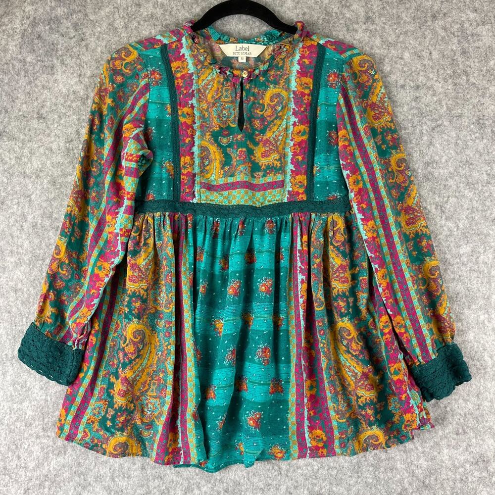 Label Ritu Kumar Top Womens Medium Paisley Crochet Ruffle Boho Gypsy‎ Peasant